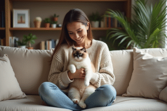 Femme souriante avec chat ragdoll dans un salon cosy