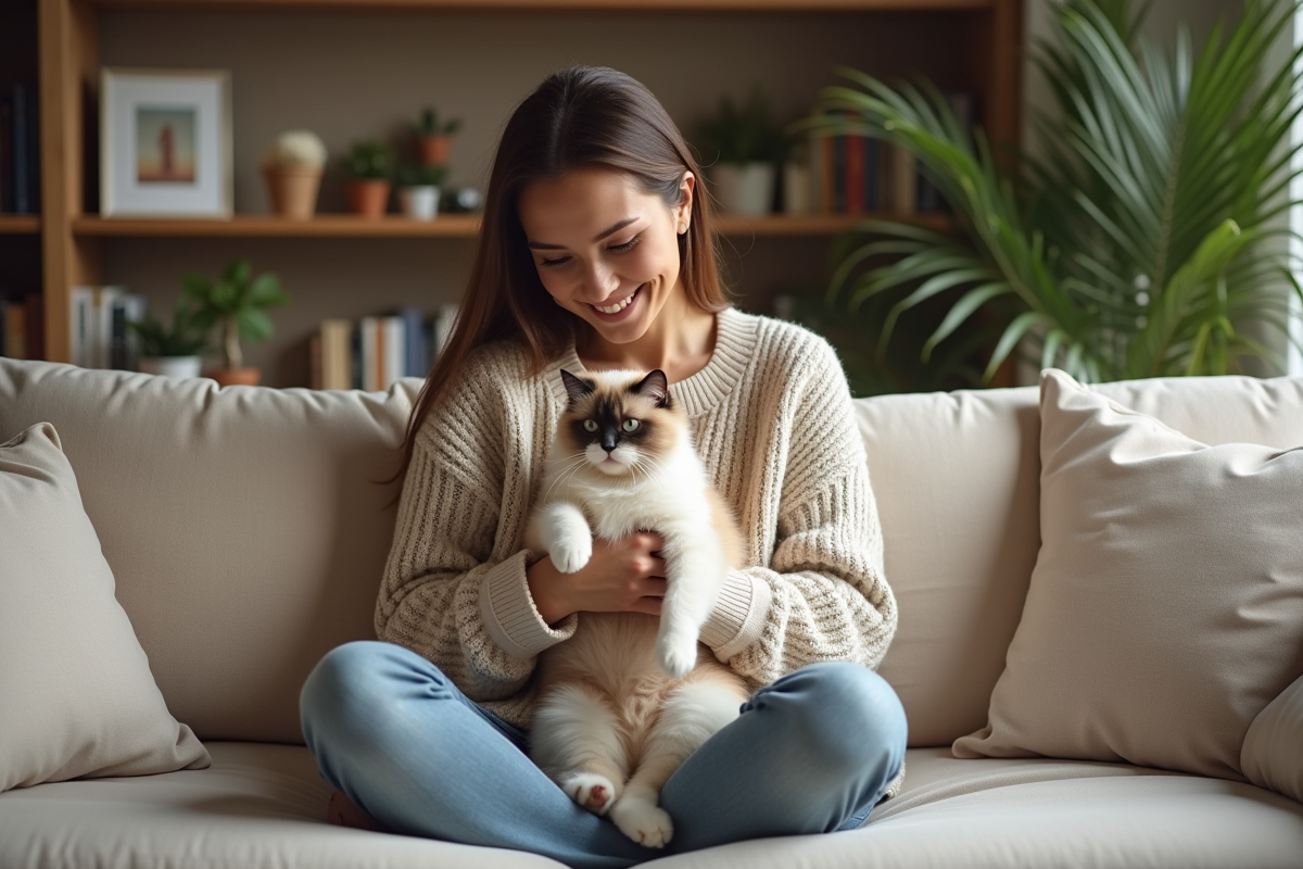 Femme souriante avec chat ragdoll dans un salon cosy