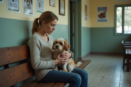 Femme réconfortant un petit chien dans un refuge