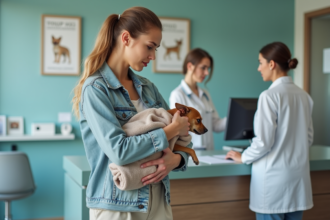 Jeune femme avec chien blessé à la clinique vétérinaire