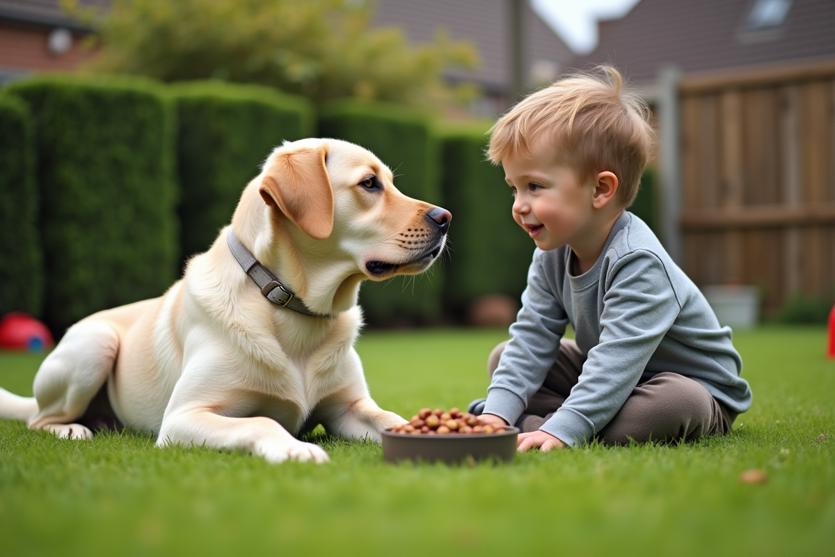 Garçon et chien regardant la gamelle dans le jardin