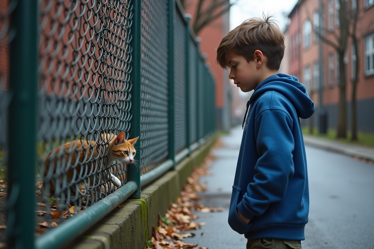 Adolescent observant un chat errant derrière une clôture