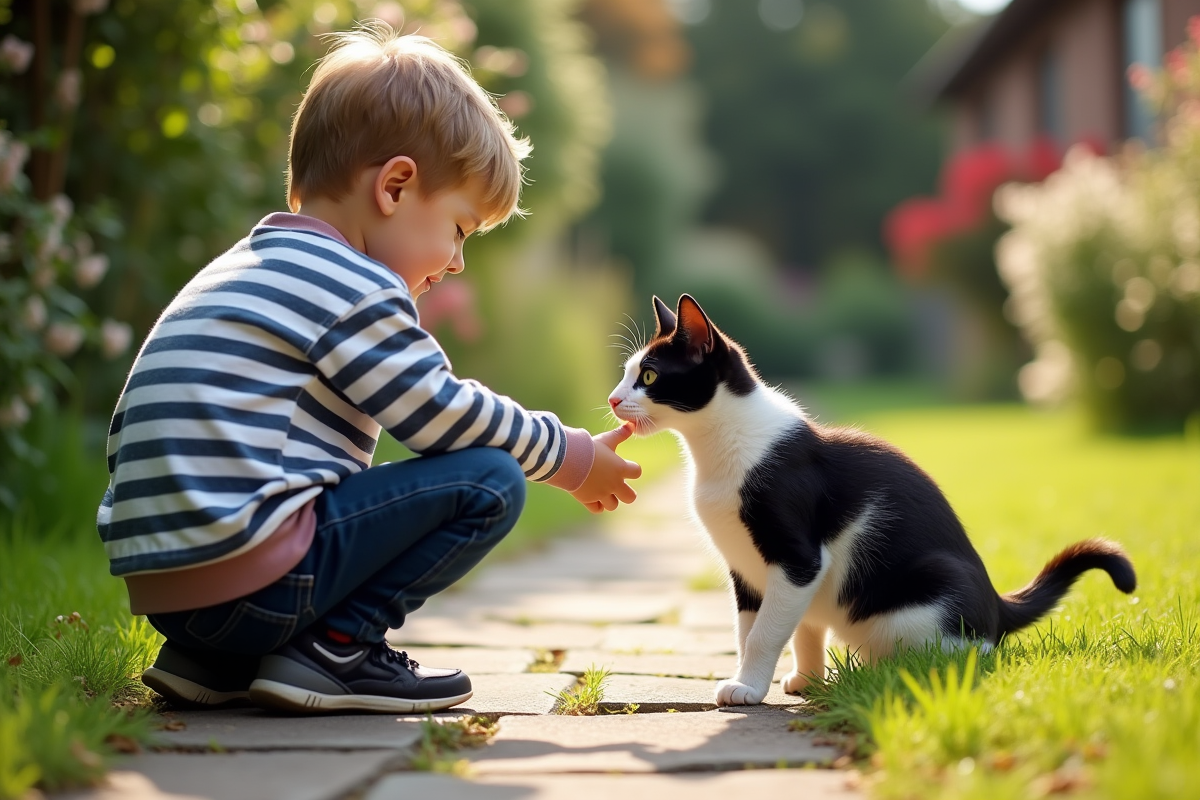 Garçon dans le jardin tendant la main à un chat curieux
