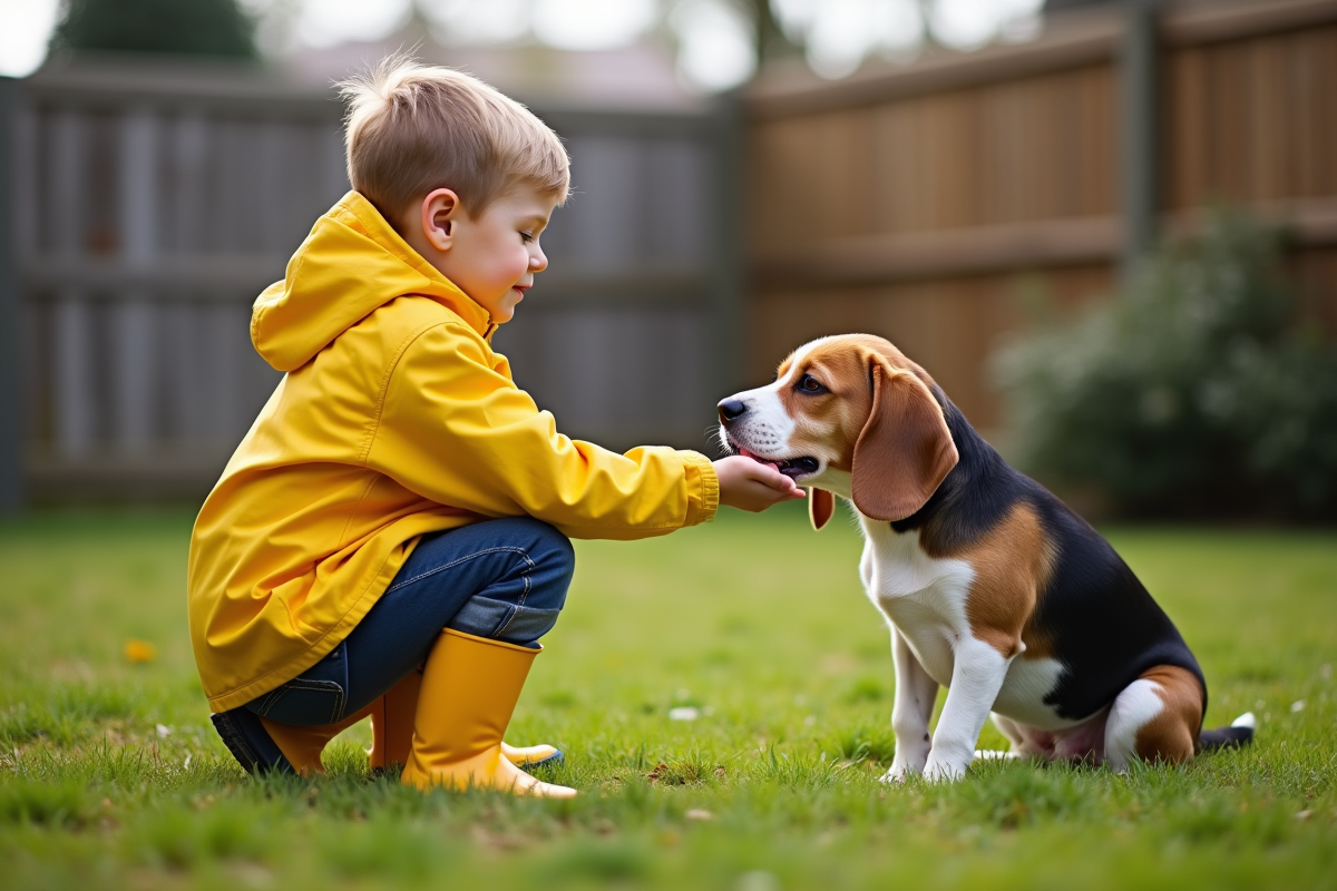 Garçon en imper jaune joue avec un chien dans le jardin