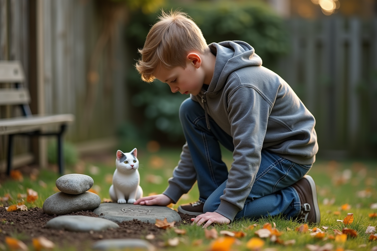 Adolescent en deuil près d’un mémorial dans le jardin