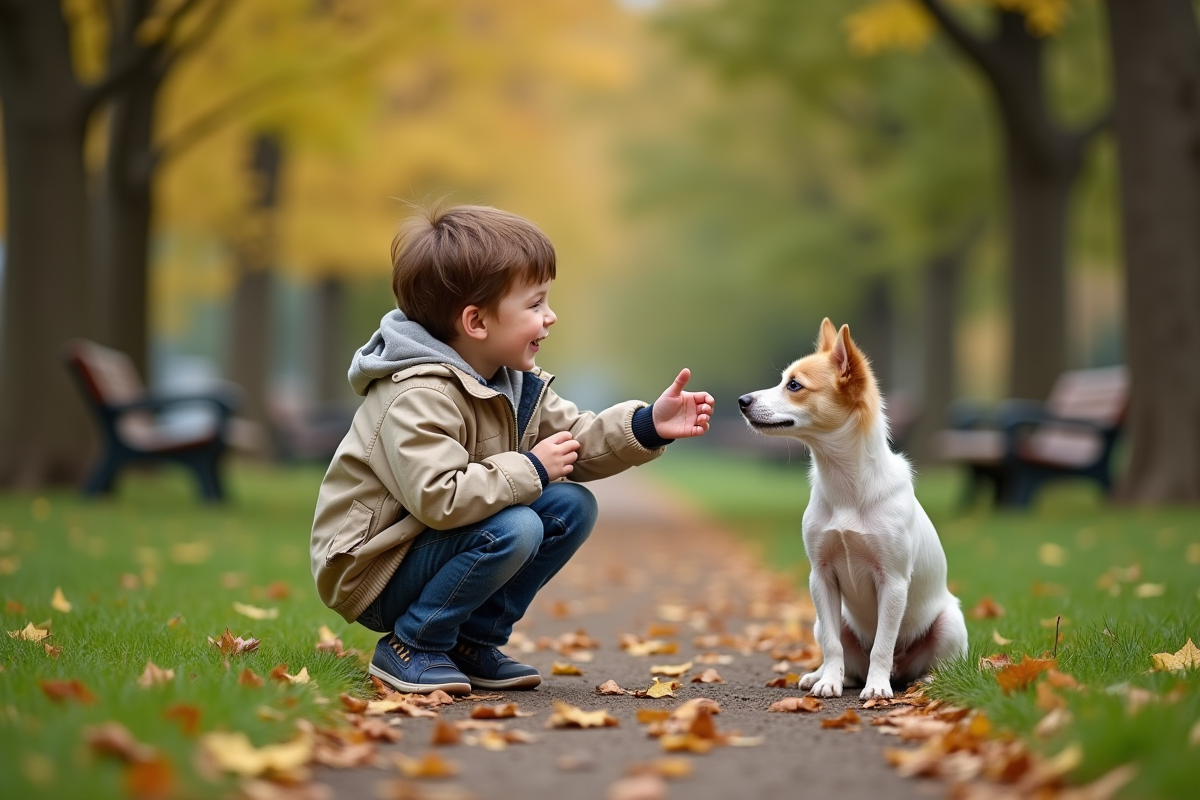 Garçon dans un parc avec un petit chien terrier