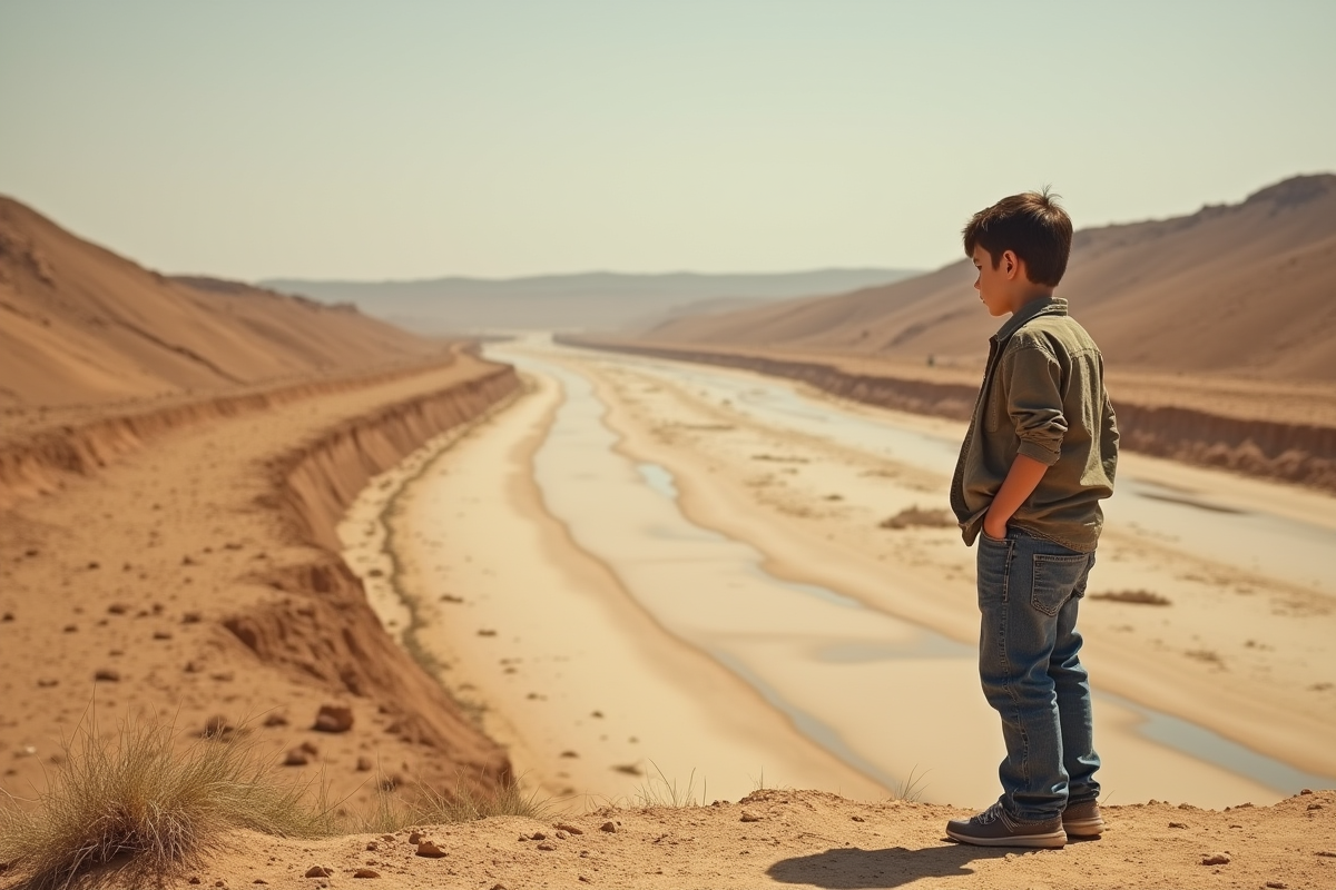 Jeune garçon regarde un lit de rivière asséché avec des traces d