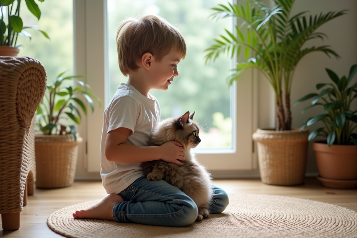 Garçon avec chat Maine dans une véranda lumineuse