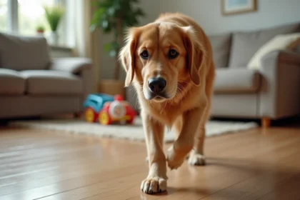 Chien retriever doré en intérieur sur un sol en bois