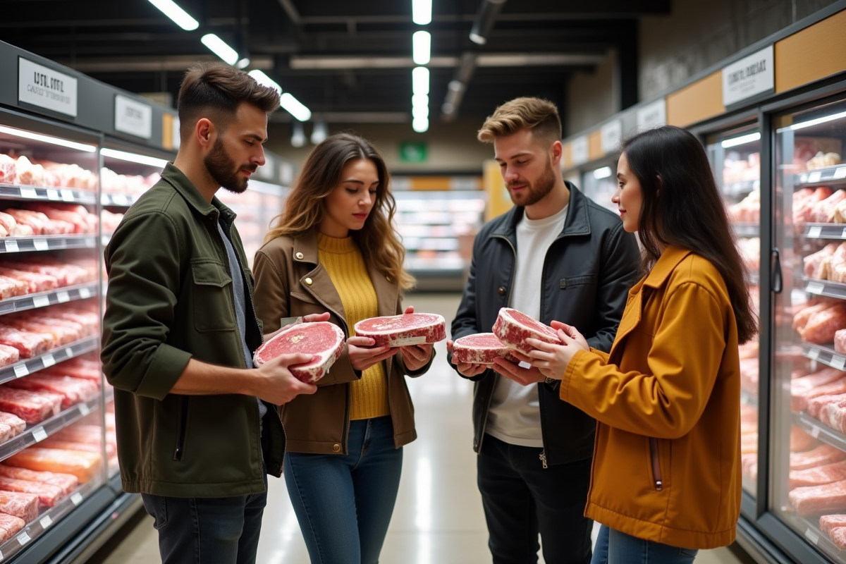 Groupe de jeunes adultes regardant des viandes en supermarché