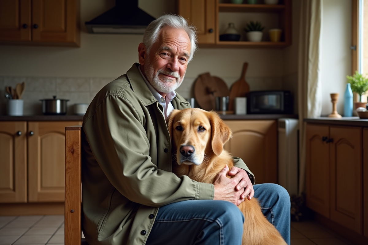 Homme âgé avec son chien dans la cuisine chaleureuse