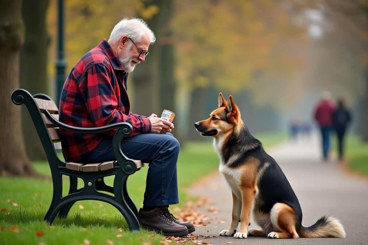 Homme âgé donnant à manger à son chien dans un parc