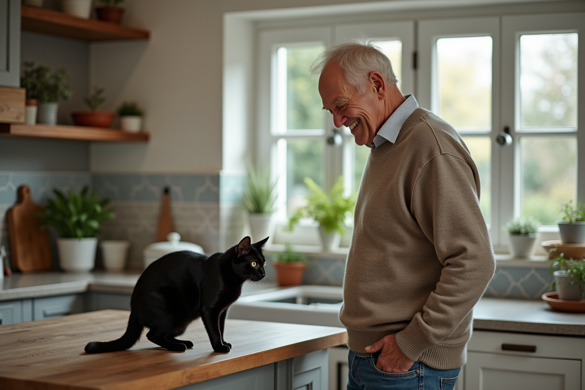 Homme âgé souriant avec un chat noir dans la cuisine