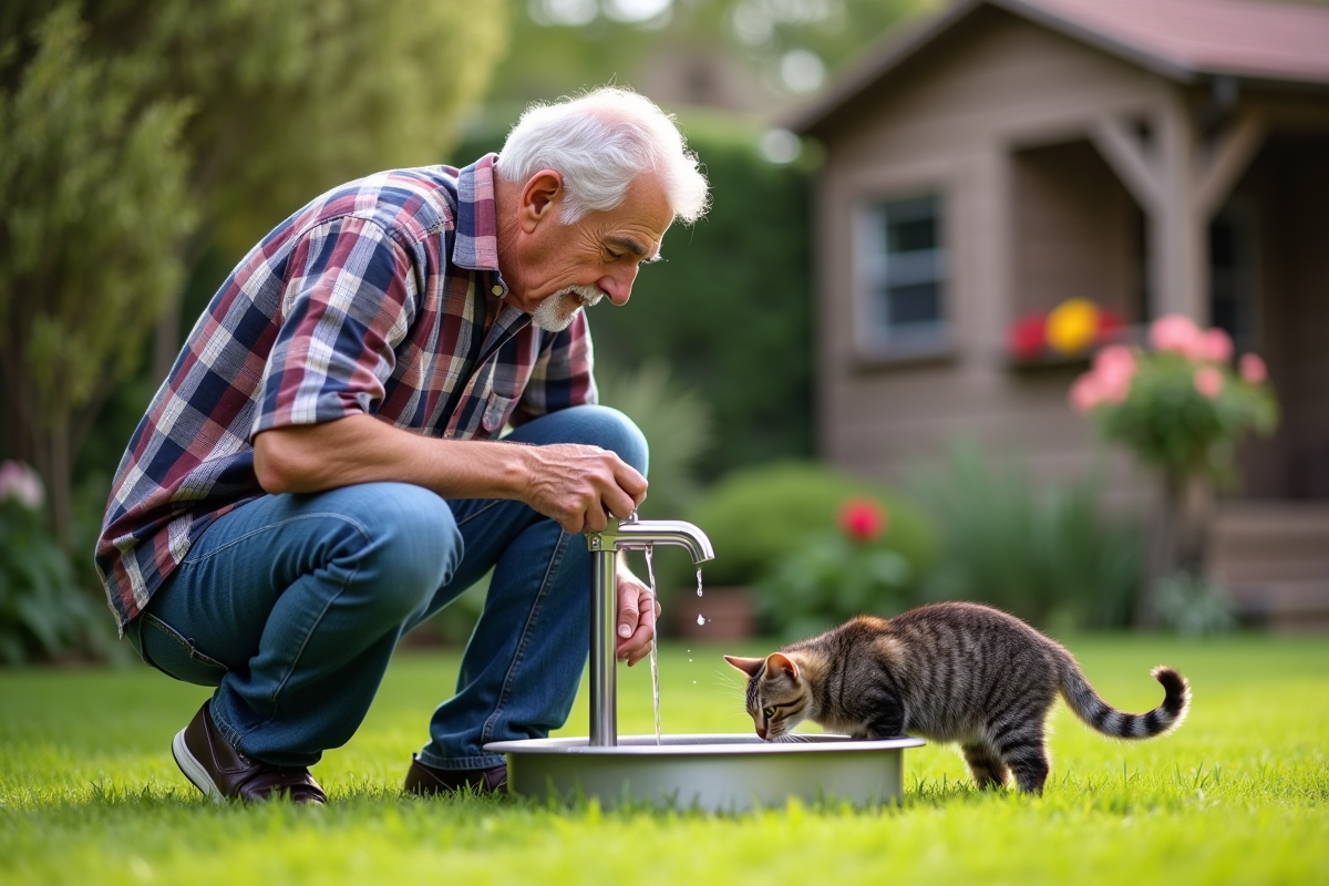 Homme remplissant fontaine à chat dans le jardin