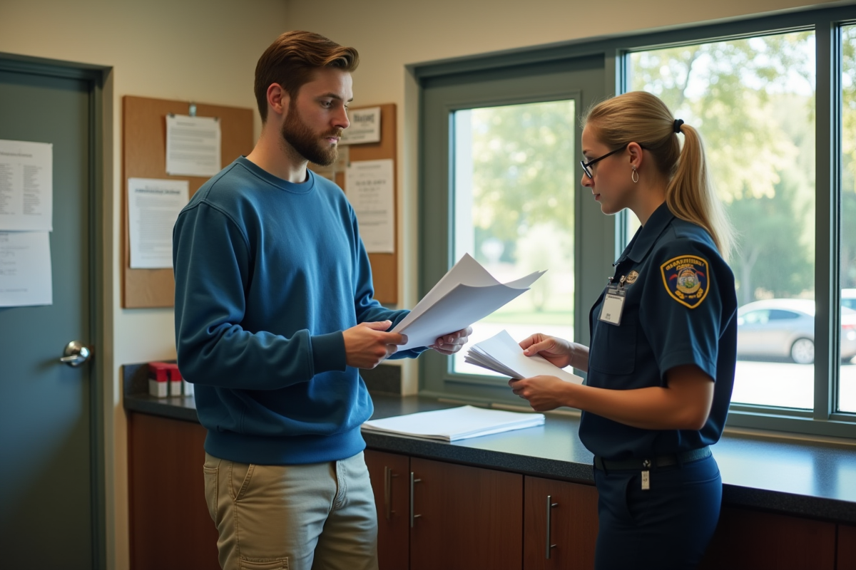 Jeune homme montrant des documents au bureau d