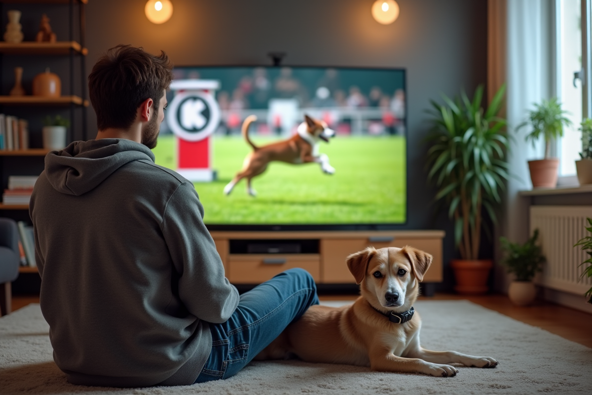 Jeune homme regardant la télé avec son chien à la maison