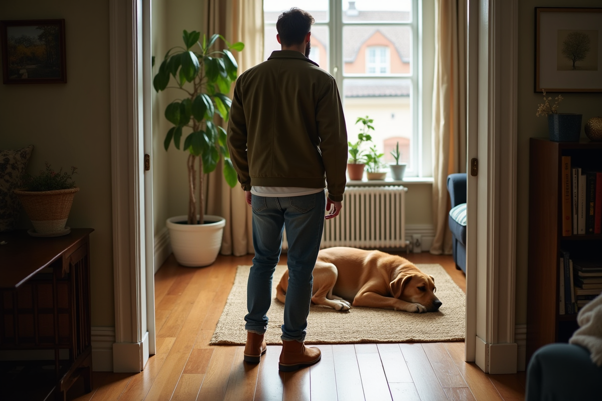 Jeune homme regardant son chien endormi dans le salon