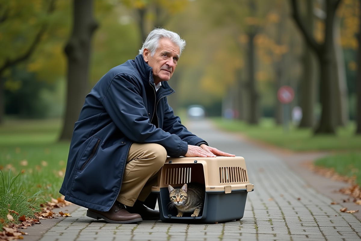 Homme avec chat dans une zone de sauvetage en plein air
