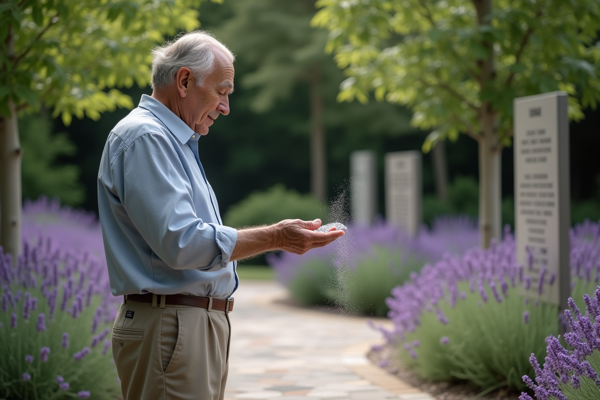 Homme âgé dispersant des cendres dans un jardin de souvenirs