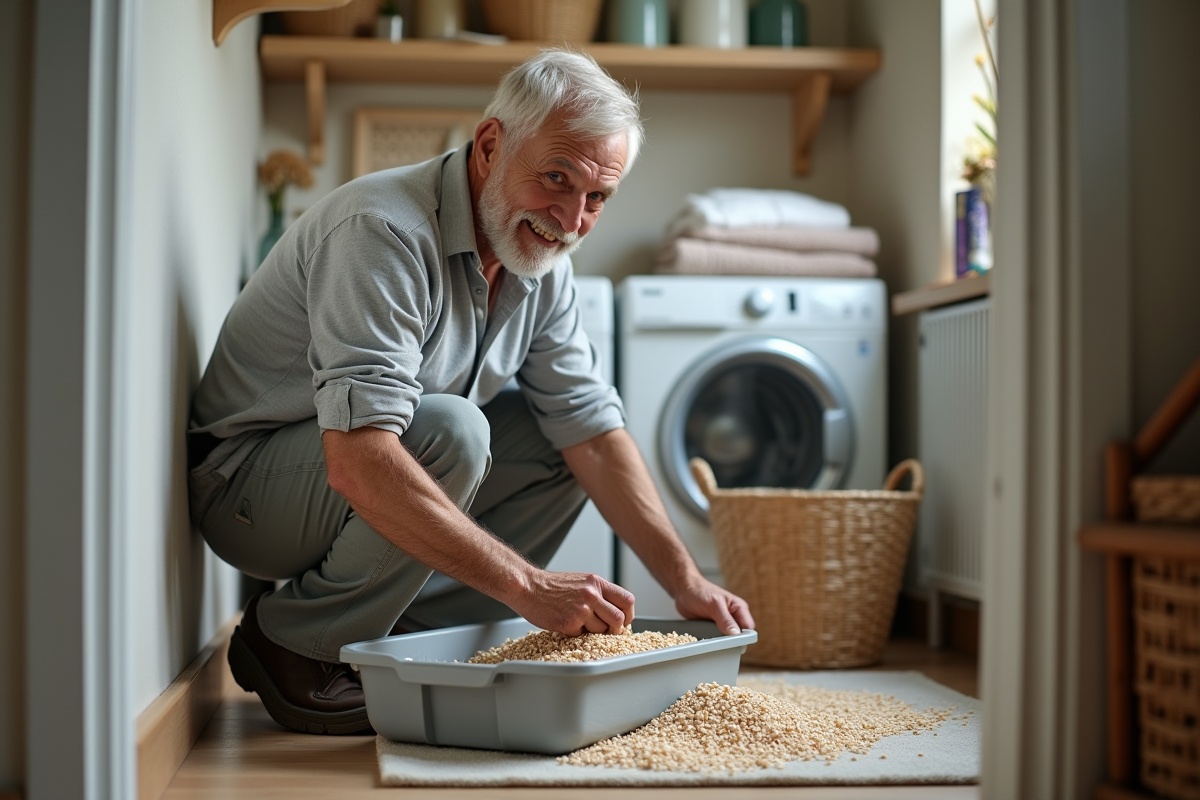 Homme âgé souriant en nettoyant la litière pour chat