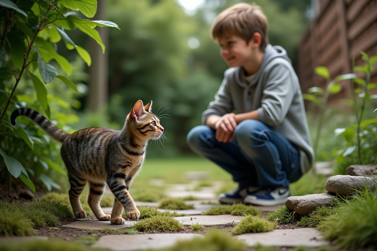 Jeune chatte tabby marchant dans un jardin verdoyant avec un garçon observant