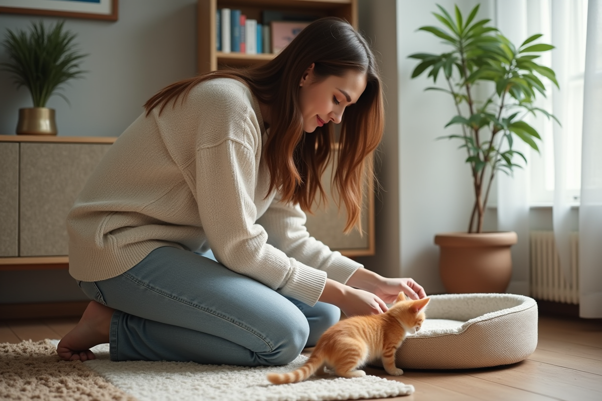 Jeune femme avec chaton orange dans un salon moderne