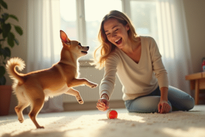 Jeune femme jouant avec son chihuahua en intérieur lumineux