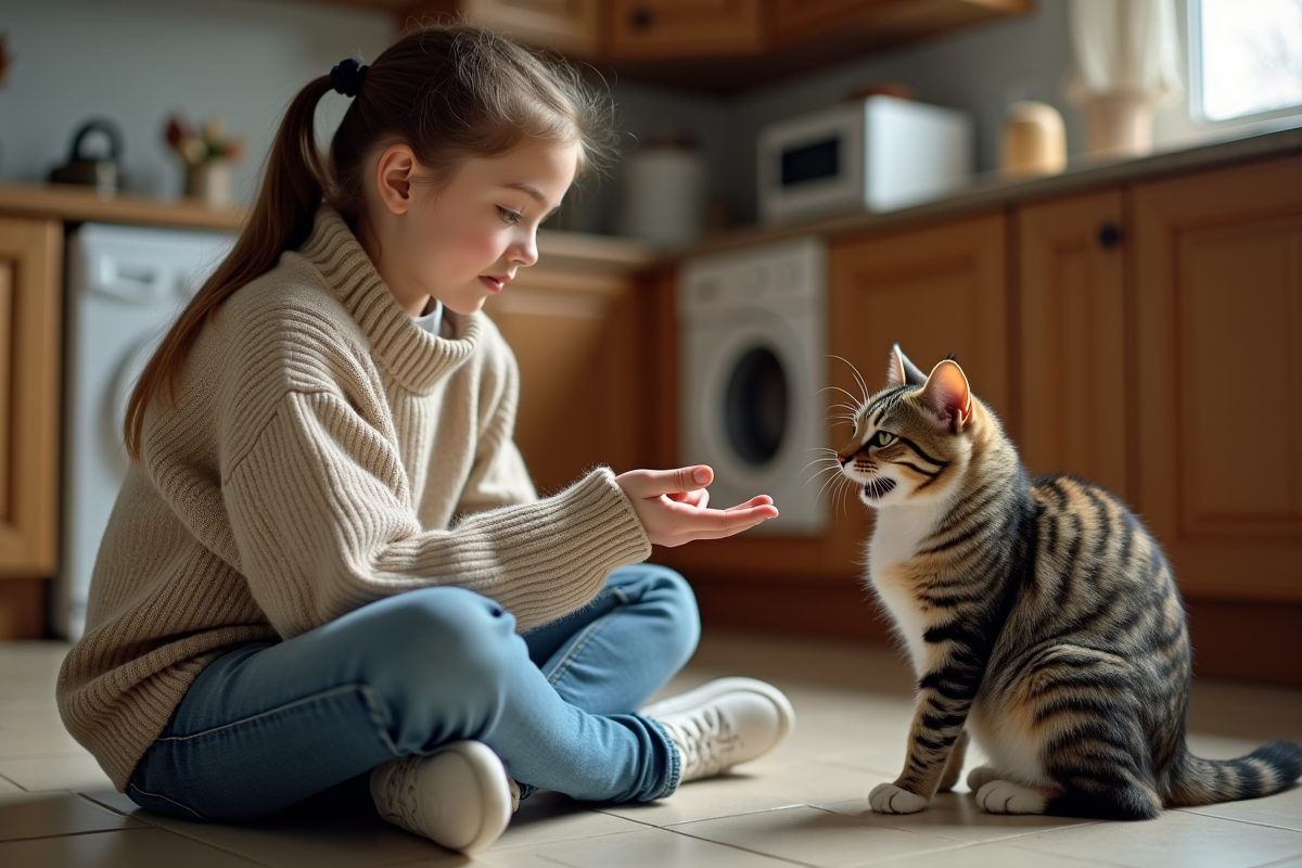 Jeune fille et chat grognant dans une cuisine moderne