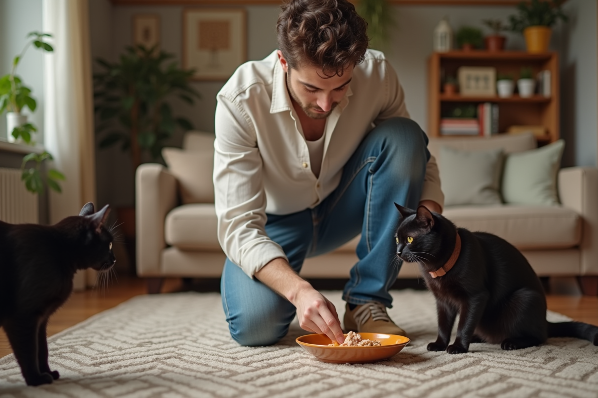 Jeune homme en jeans donnant à manger à son chat dans le salon