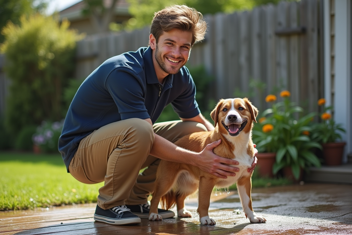 Jeune homme jouant avec son chien mouillé dans le jardin ensoleille