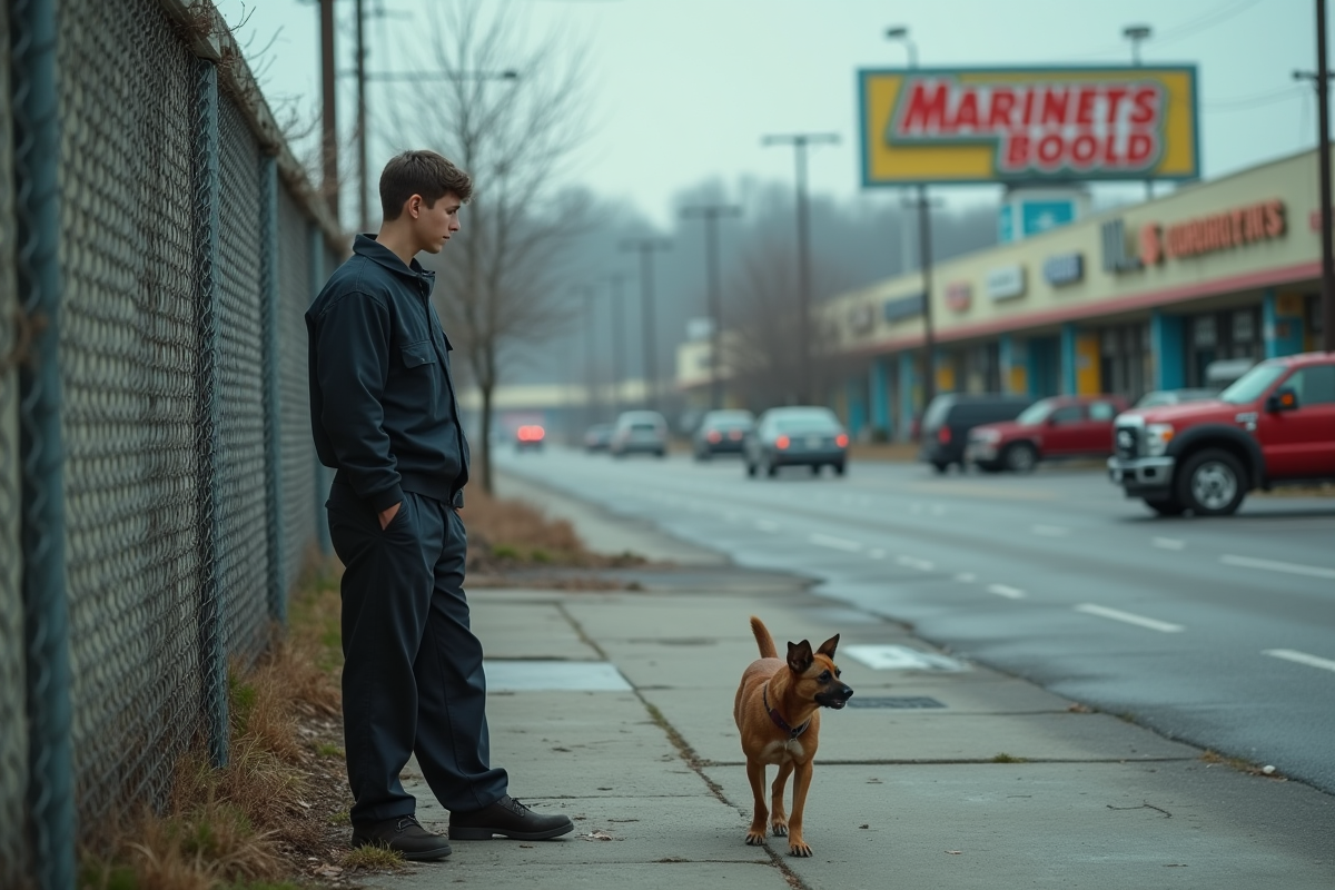 Jeune homme libérant un petit chien dans un environnement urbain
