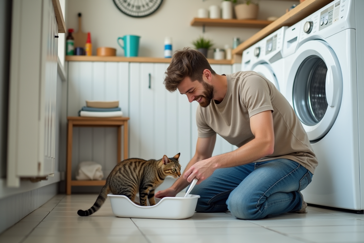 Jeune homme utilisant une pelle pour nettoyer la litière d’un chat dans une pièce organisée