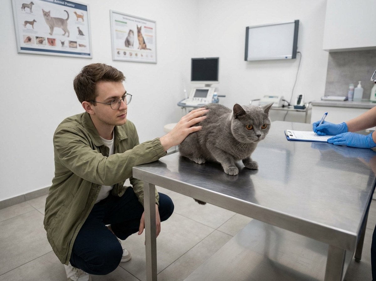 Jeune homme avec un chat lors d’un contrôle vétérinaire en clinique moderne