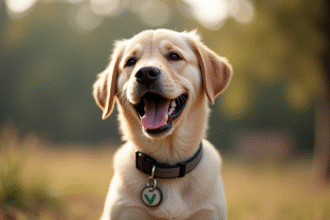 Jeune labrador joyeux avec collier en plein air
