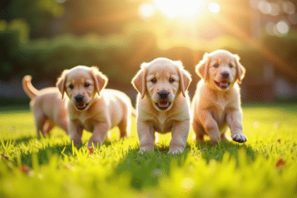 Jeunes chiots golden retriever jouant dans l'herbe en plein soleil