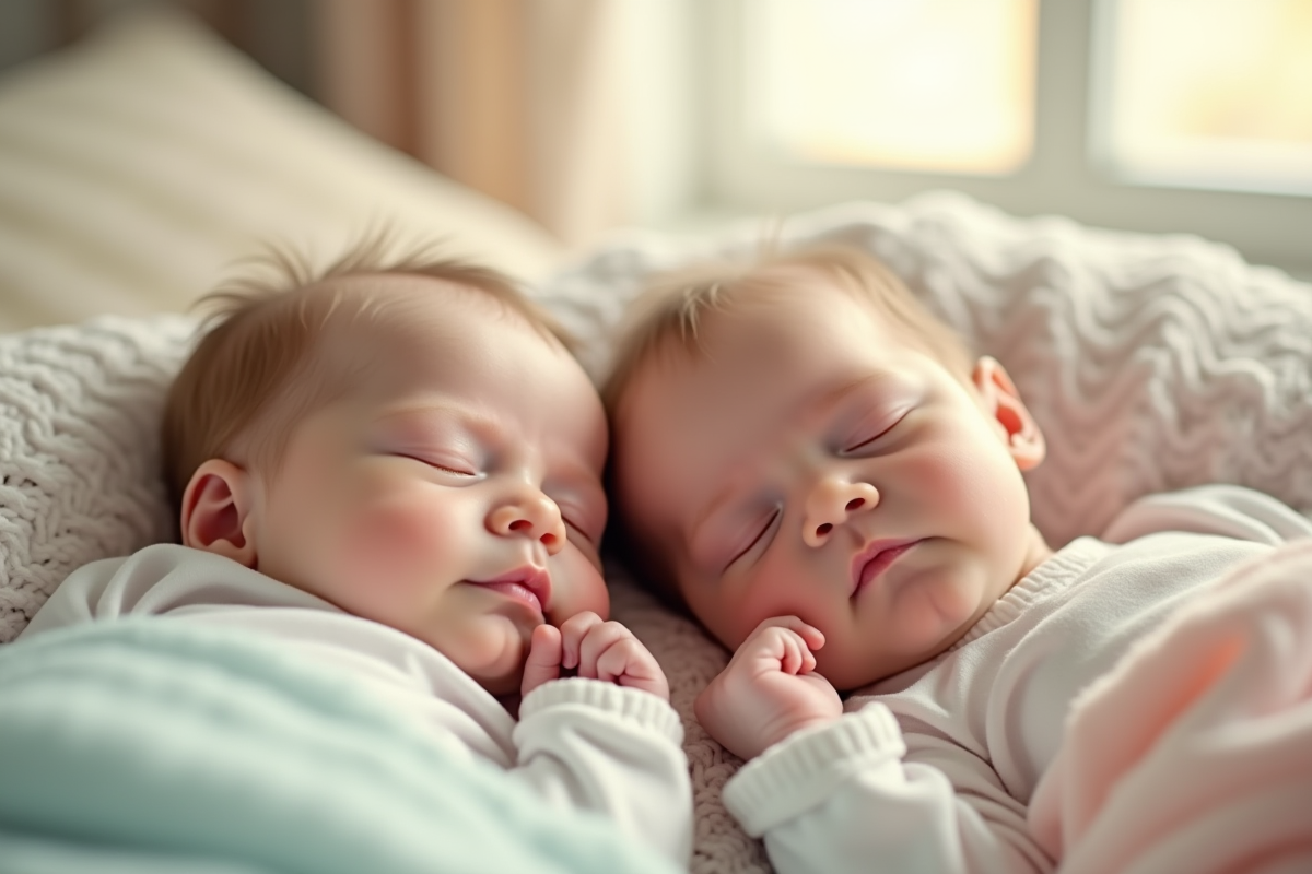 Jumeaux conjoins nouveau nes dormant paisiblement dans une nurserie pastel