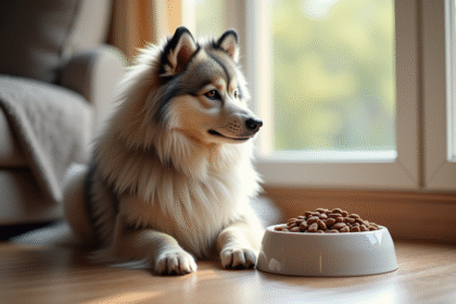 Keeshond assis près d'une gamelle de croquettes