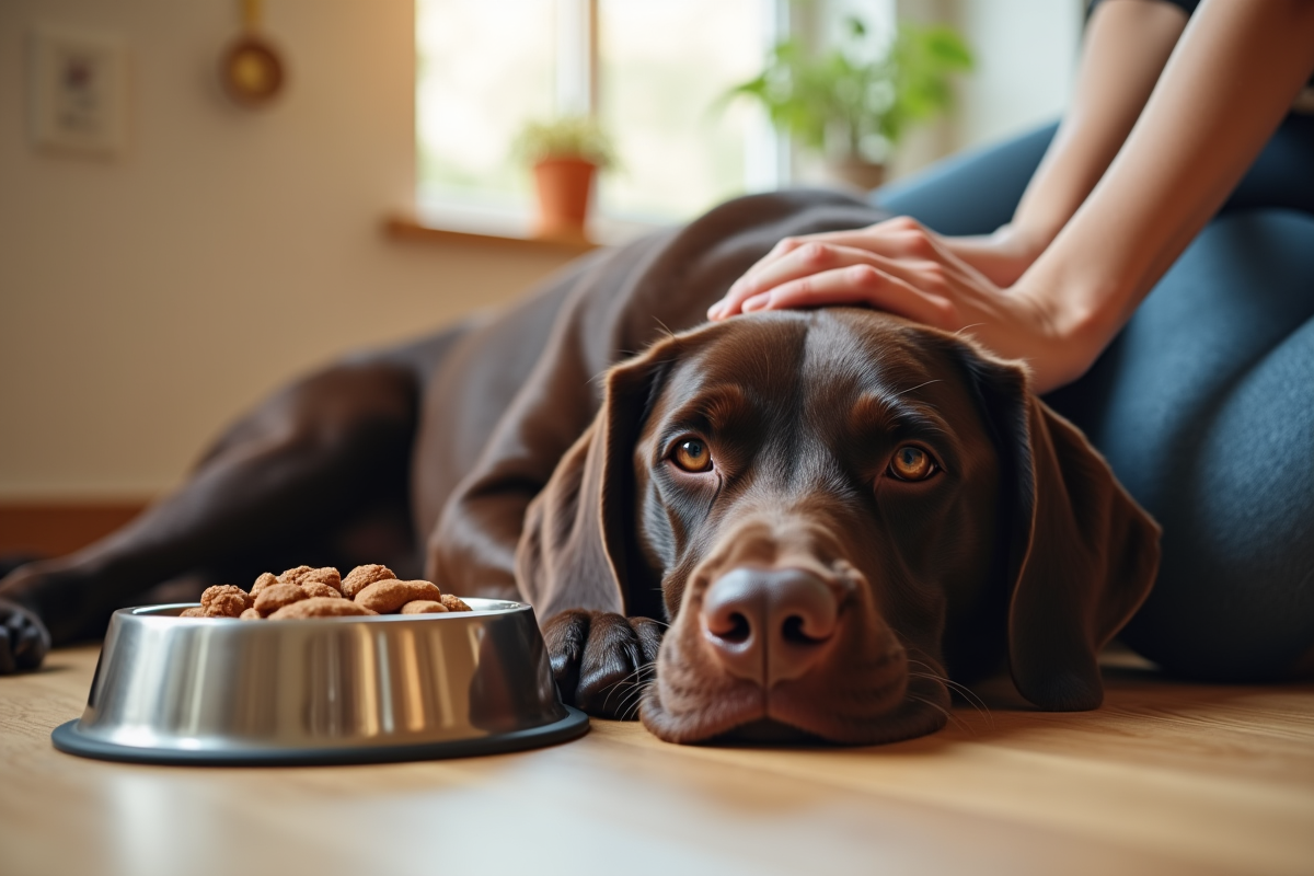 Labrador chocolat allongé dans la cuisine lumineuse