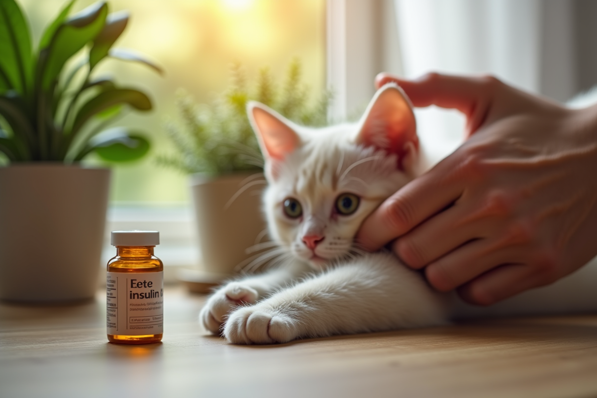 Main tenant patte d’un chat senior avec insuline et plantes vertes