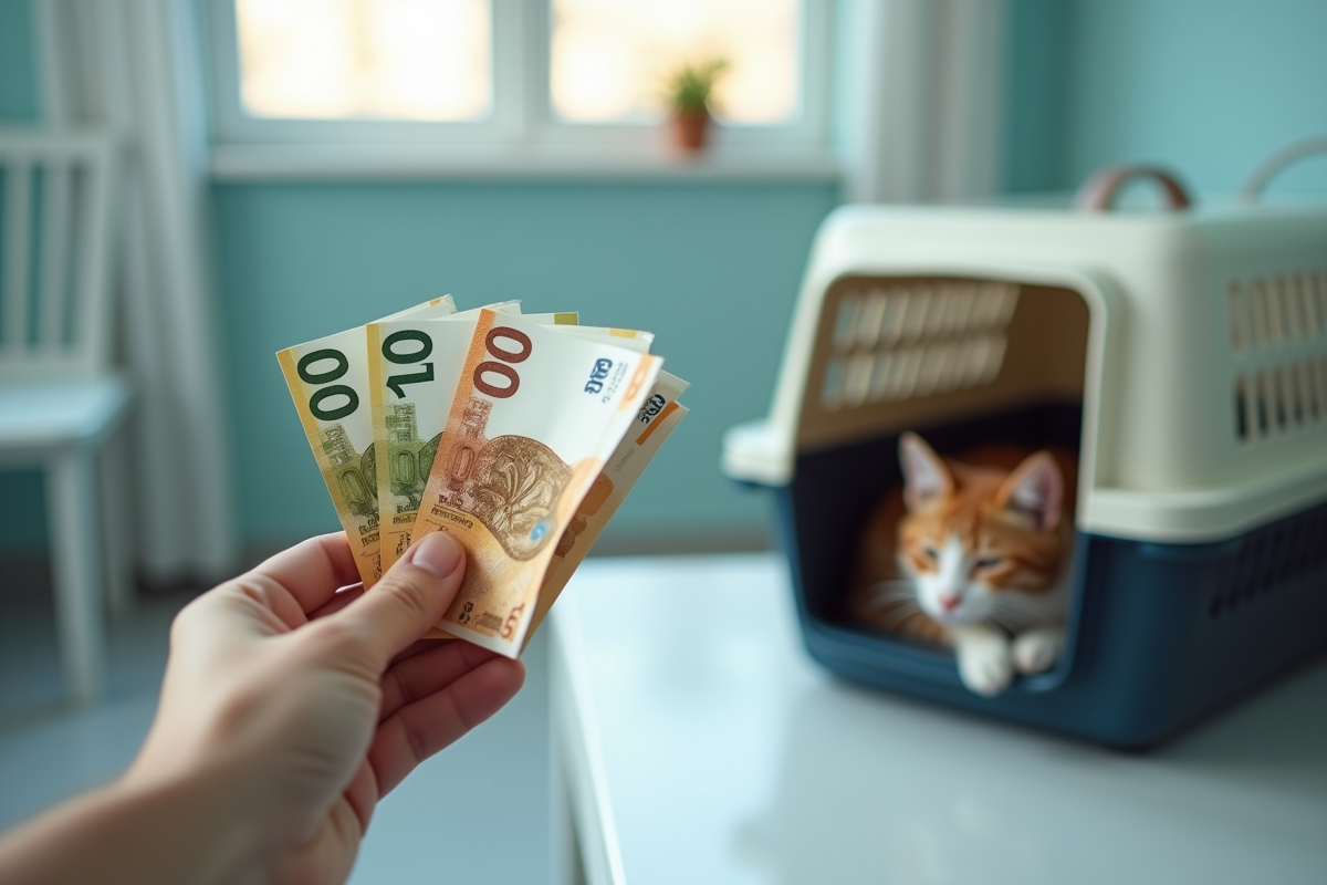 Main tenant des billets d euro près d un chat endormi