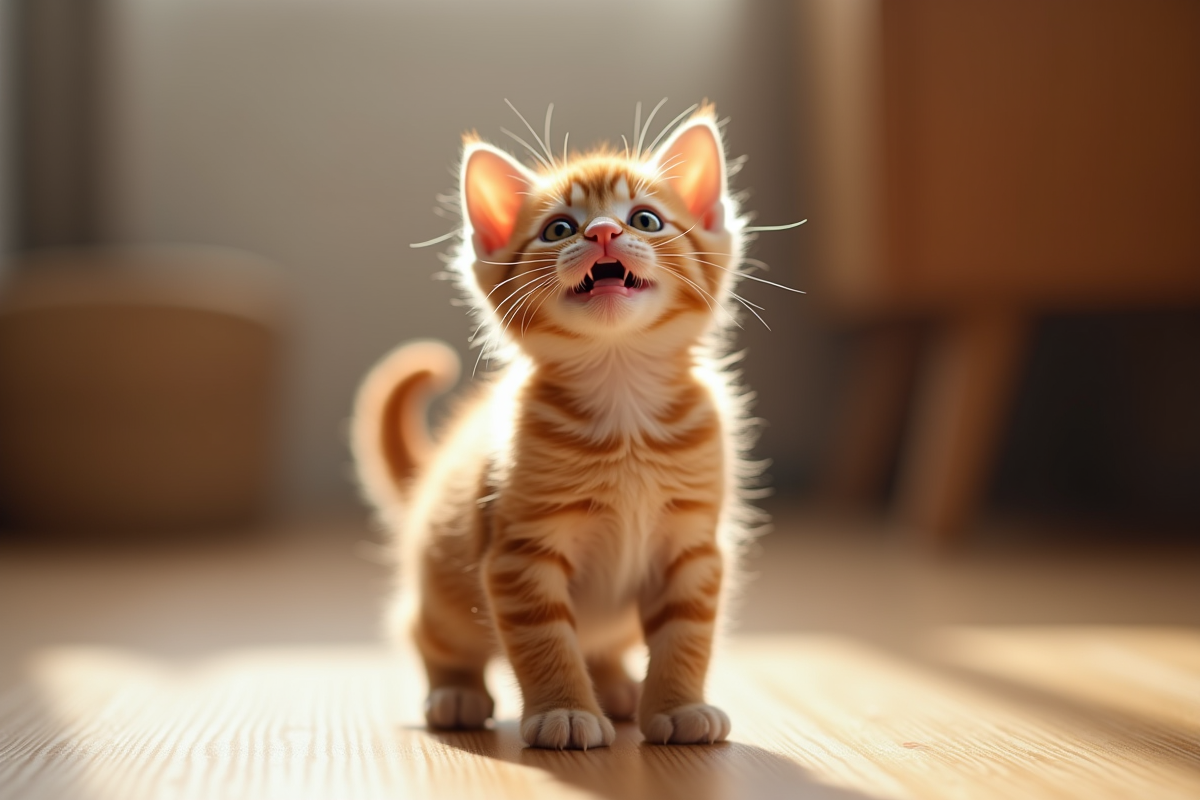 Chaton roux debout regardant vers le haut