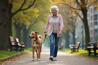 Femme âgée souriante avec son chien dans un parc urbain