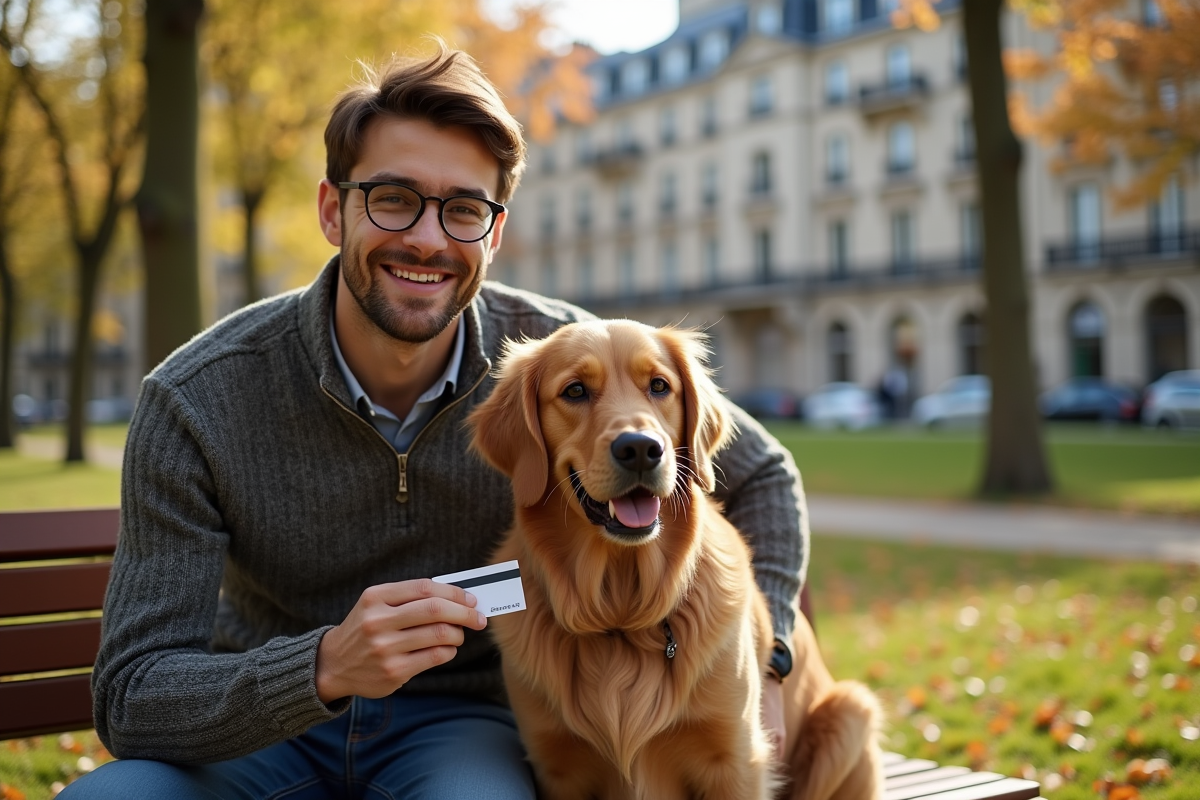 Jeune propriétaire avec son chien dans un parc parisien ensoleille