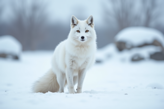 Renard arctique en alerte dans la toundra enneigee