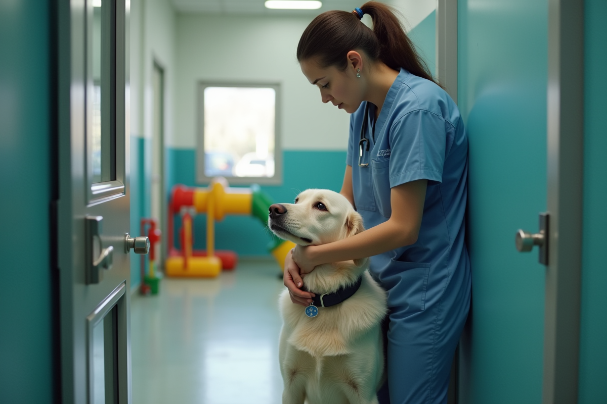 Employé attentionné caressant un chien nerveux dans une pension
