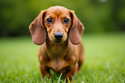 Teckel à poil ras sur pelouse verte en lumière naturelle