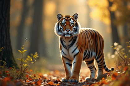 Tigre sibérien debout dans la forêt ensoleillée