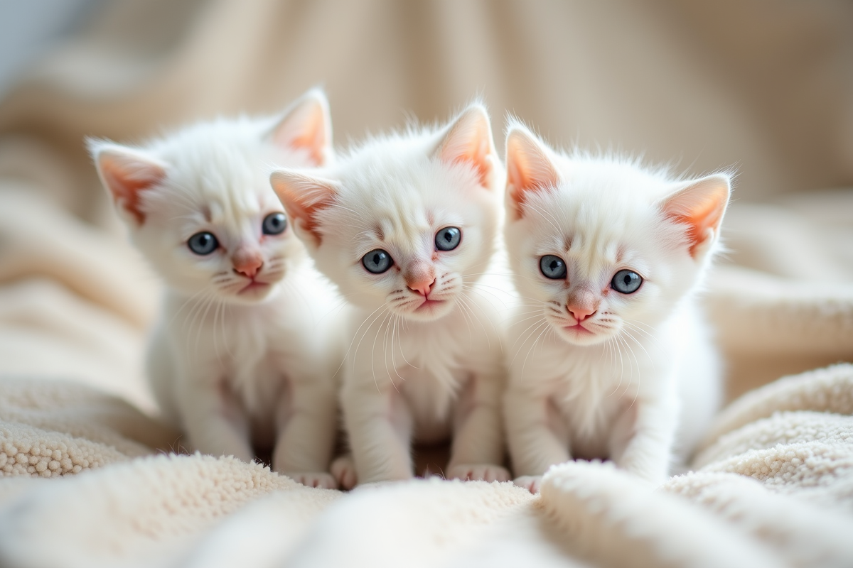 Trois chatons blancs aux yeux bleus sur une couverture beige