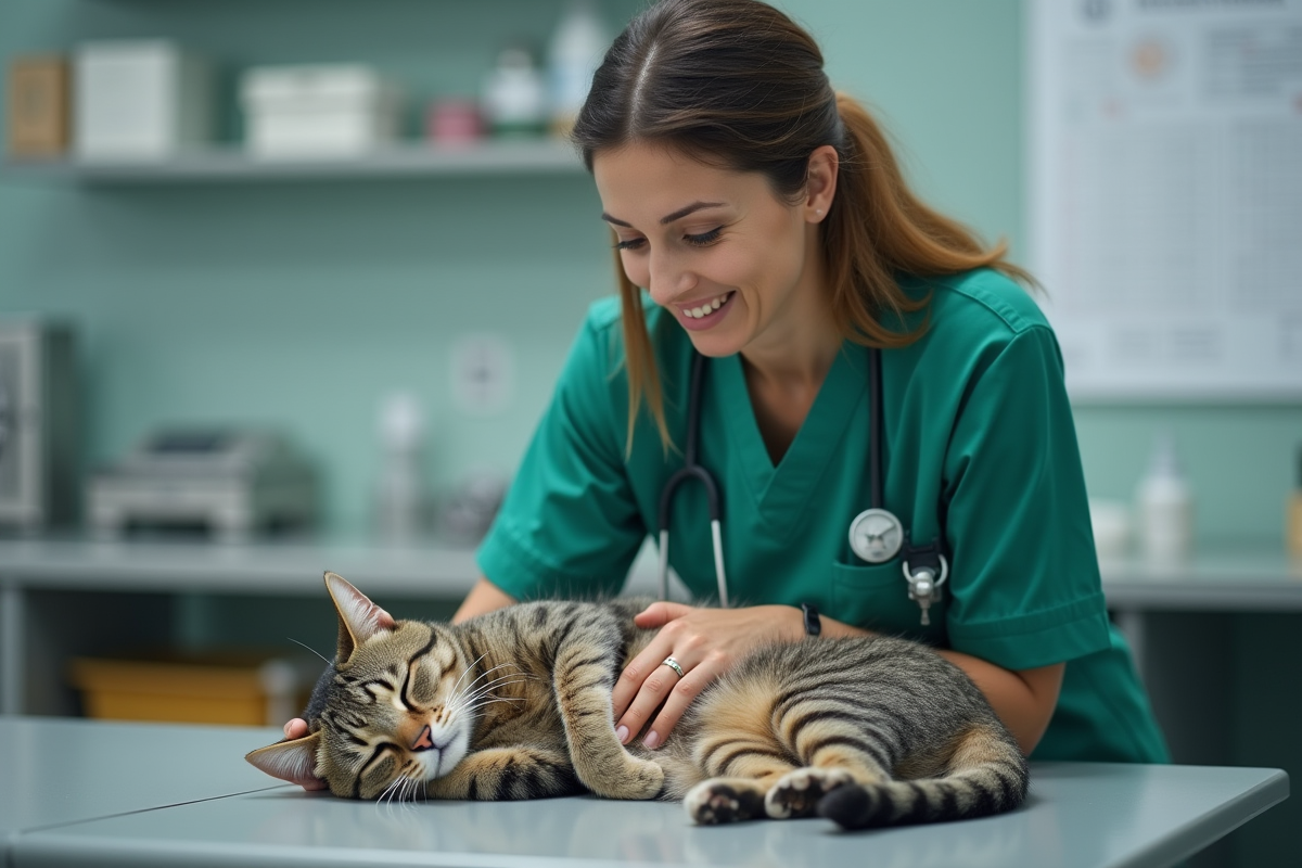 Vétérinaire examinant un chat dans une clinique moderne