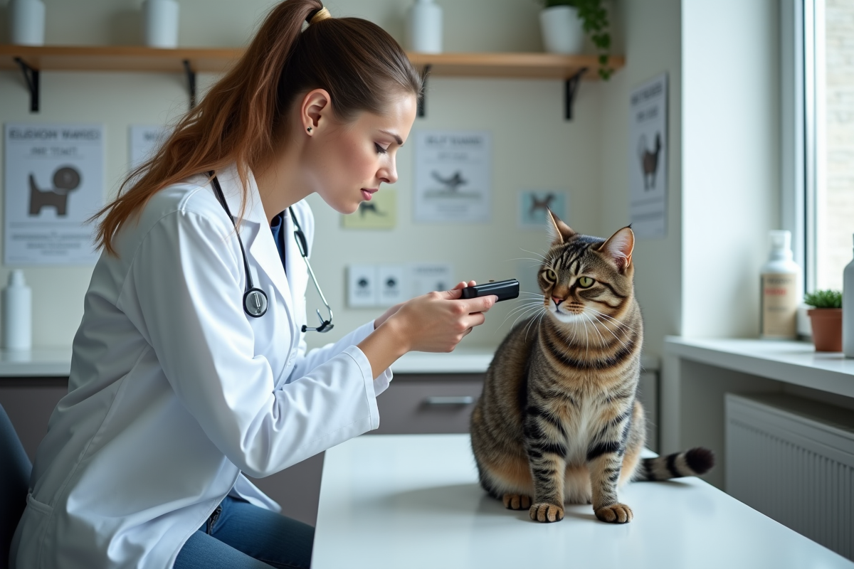 Vétérinaire en blanc scannant un chat avec un lecteur microchip